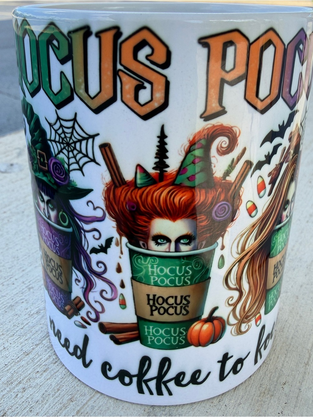 HOCUS POCUS 15oz Coffee Mug Colorful Fall Halloween Witches Pumpkin Web Bat New